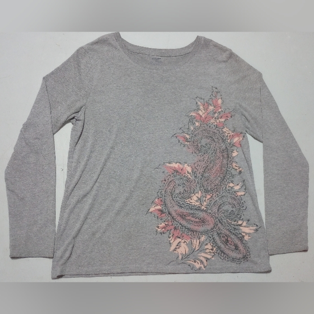 Chic Gray Paisley Long Sleeve Top, Size XL